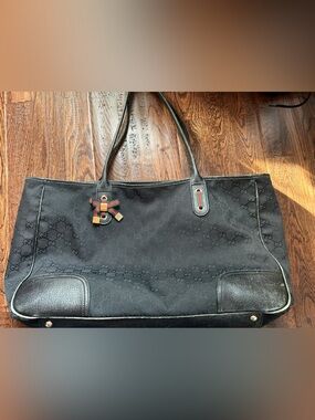 Gucci Princy Black Monogram Canvas Tote with Red-Green Bow